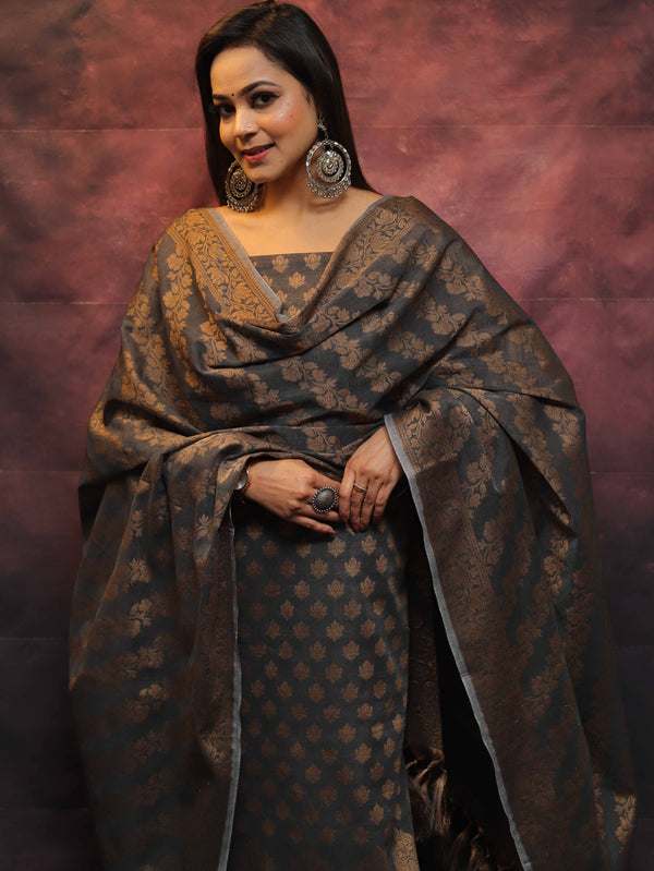 Banarasee Soft Cotton Ghichha Work Salwar Kameez Fabric With Dupatta-Grey