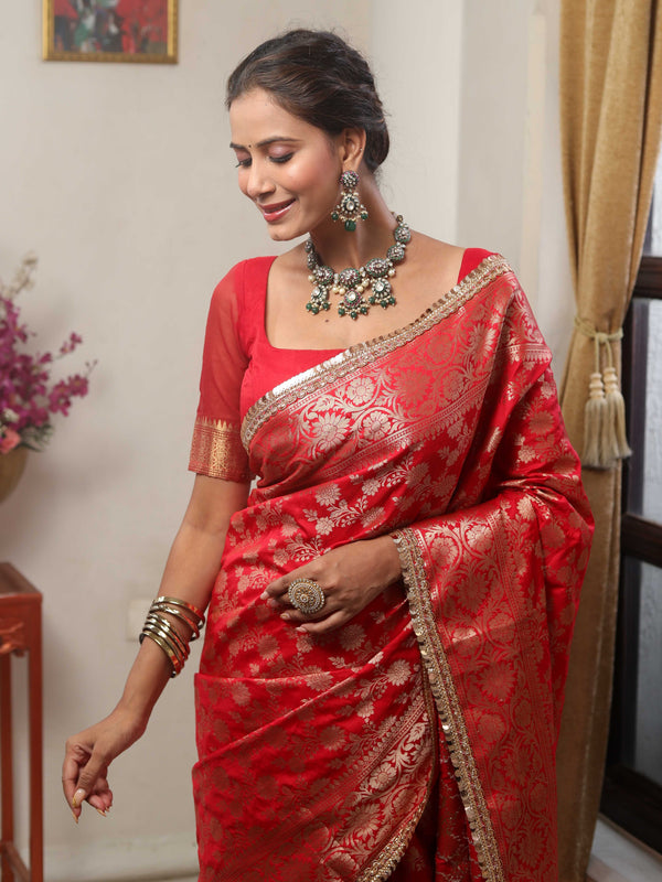 Banarasee Handwoven Semi Silk Saree With Zari Jaal Design & Lace-Red