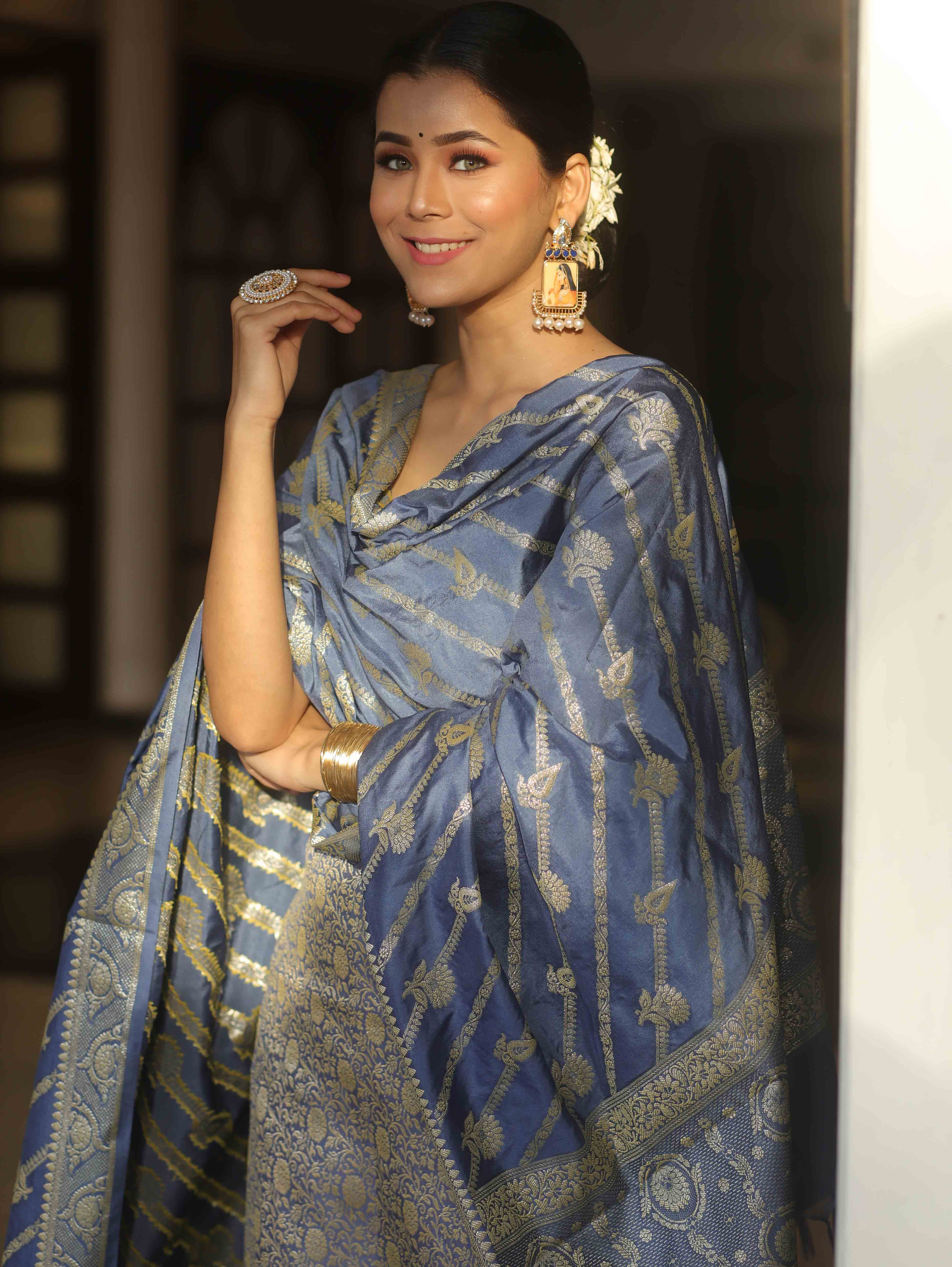 Banarasee Semi Katan Silk Salwar Kameez Fabric With Dupatta Zari Work-Grey