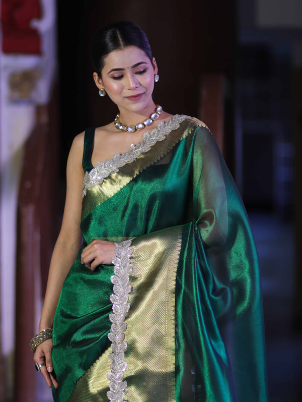 Banarasee Handloom Plain Tissue Saree With Zari Border & Lace-Deep Green