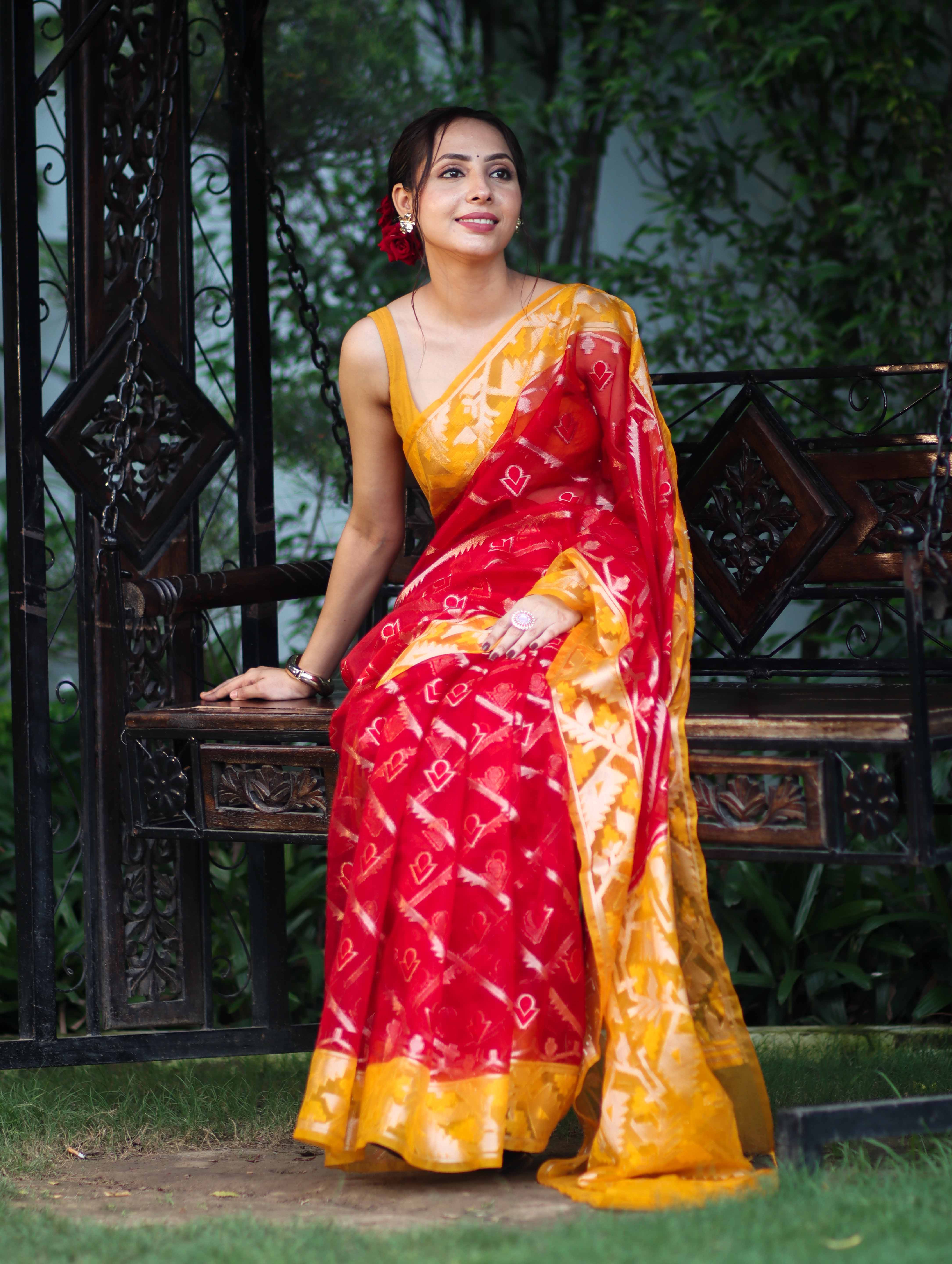 Banarasee Organza Mix Saree With Zari Work & Contrast Border-Red & Yellow