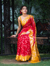 Banarasee Organza Mix Saree With Zari Work & Contrast Border-Red & Yellow
