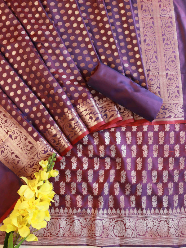 Banarasee Salwar Kameez Semi Katan Silk Fabric With Zari Work-Violet (Red Tone)