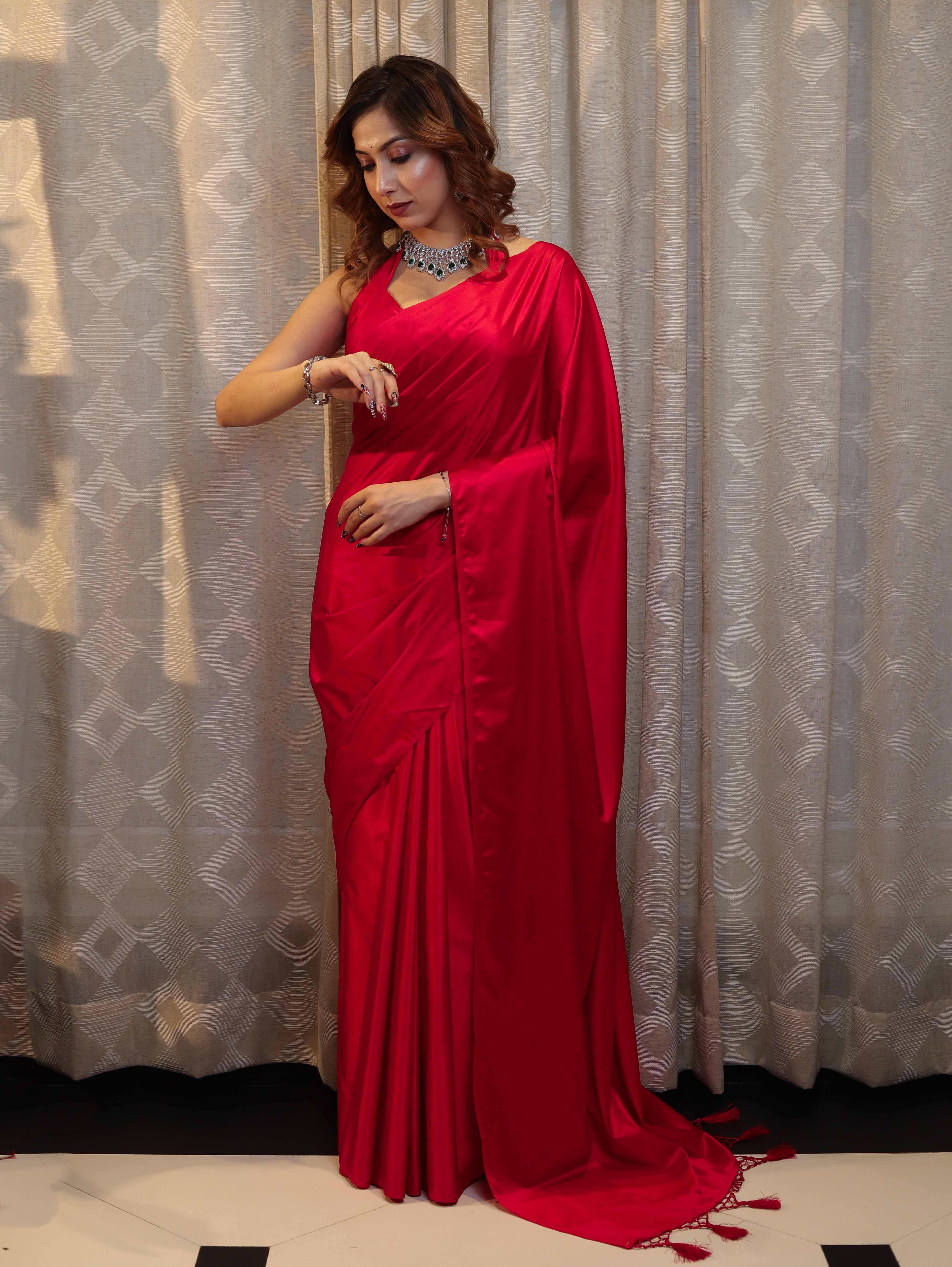 Banarasee Handloom Plain Mashru Silk Saree-Red