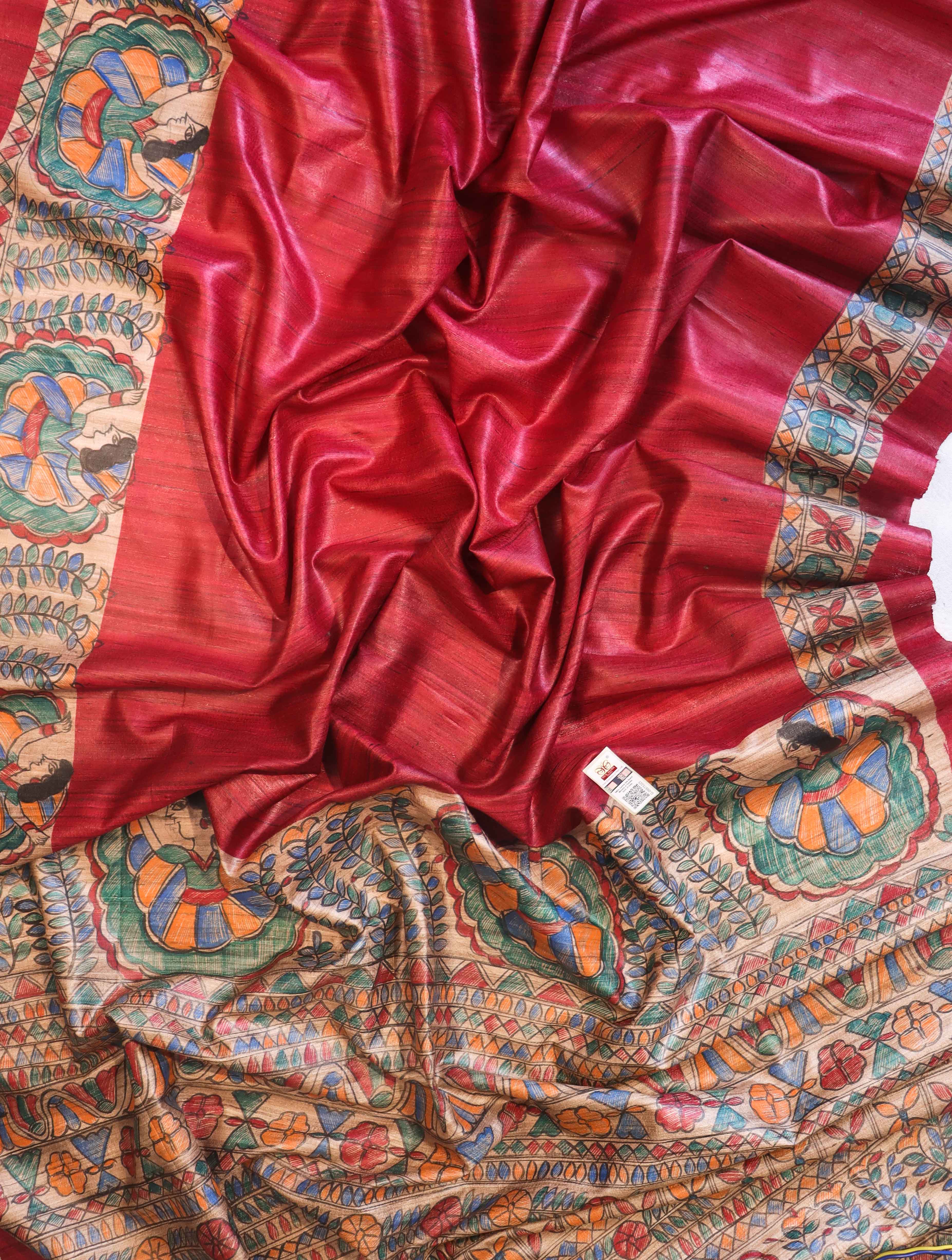 Bhagalpur Handloom Pure Tussar Silk Saree With Hand Block Painted Madhubani Design-Maroon