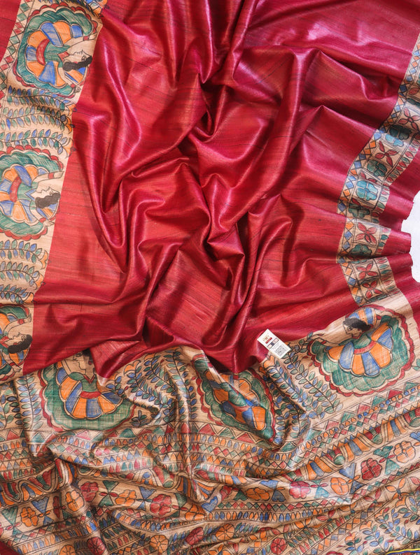 Bhagalpur Handloom Pure Tussar Silk Saree With Hand Block Painted Madhubani Design-Maroon