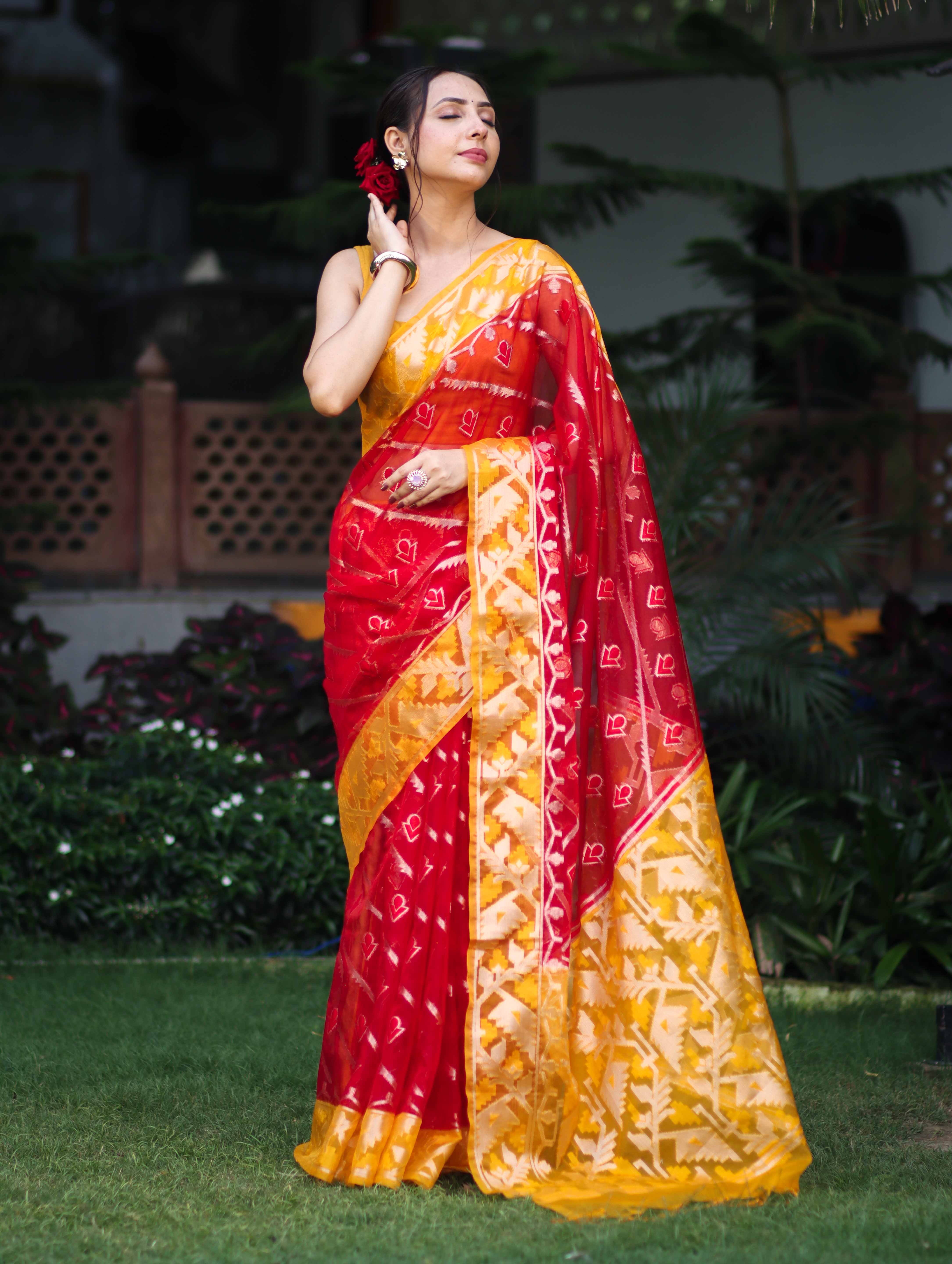Banarasee Organza Mix Saree With Zari Work & Contrast Border-Red & Yellow