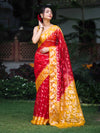 Banarasee Organza Mix Saree With Zari Work & Contrast Border-Red & Yellow