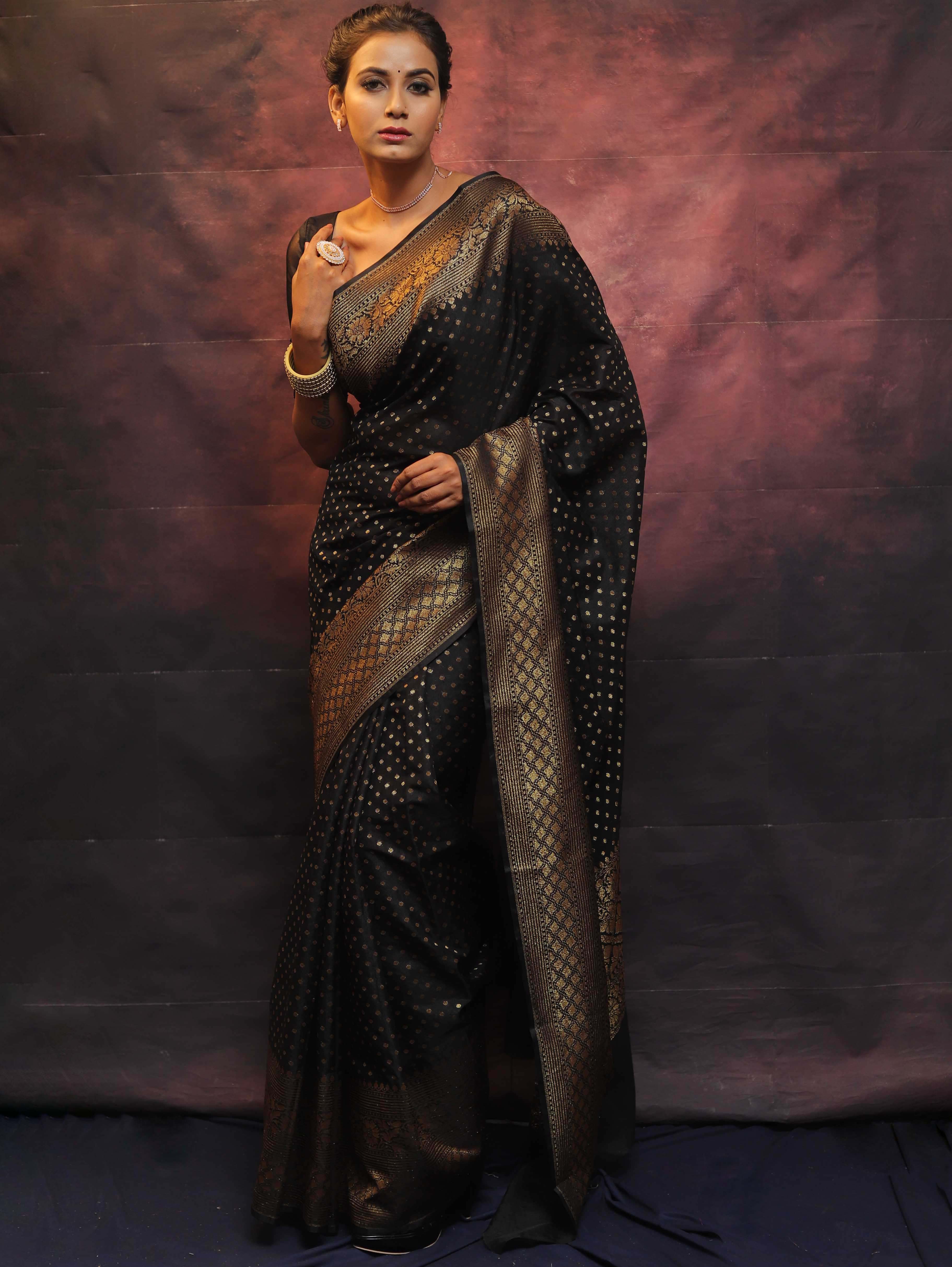 Banarasee Semi-Chiffon Saree With Antique Gold Zari Work-Black