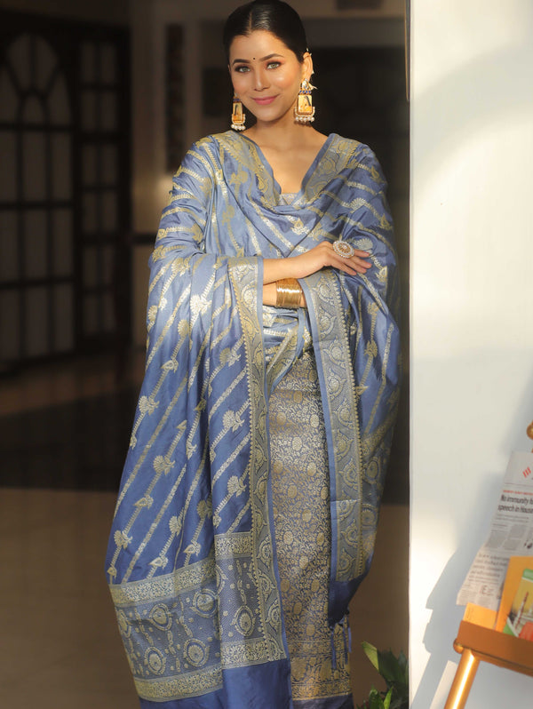 Banarasee Semi Katan Silk Salwar Kameez Fabric With Dupatta Zari Work-Grey