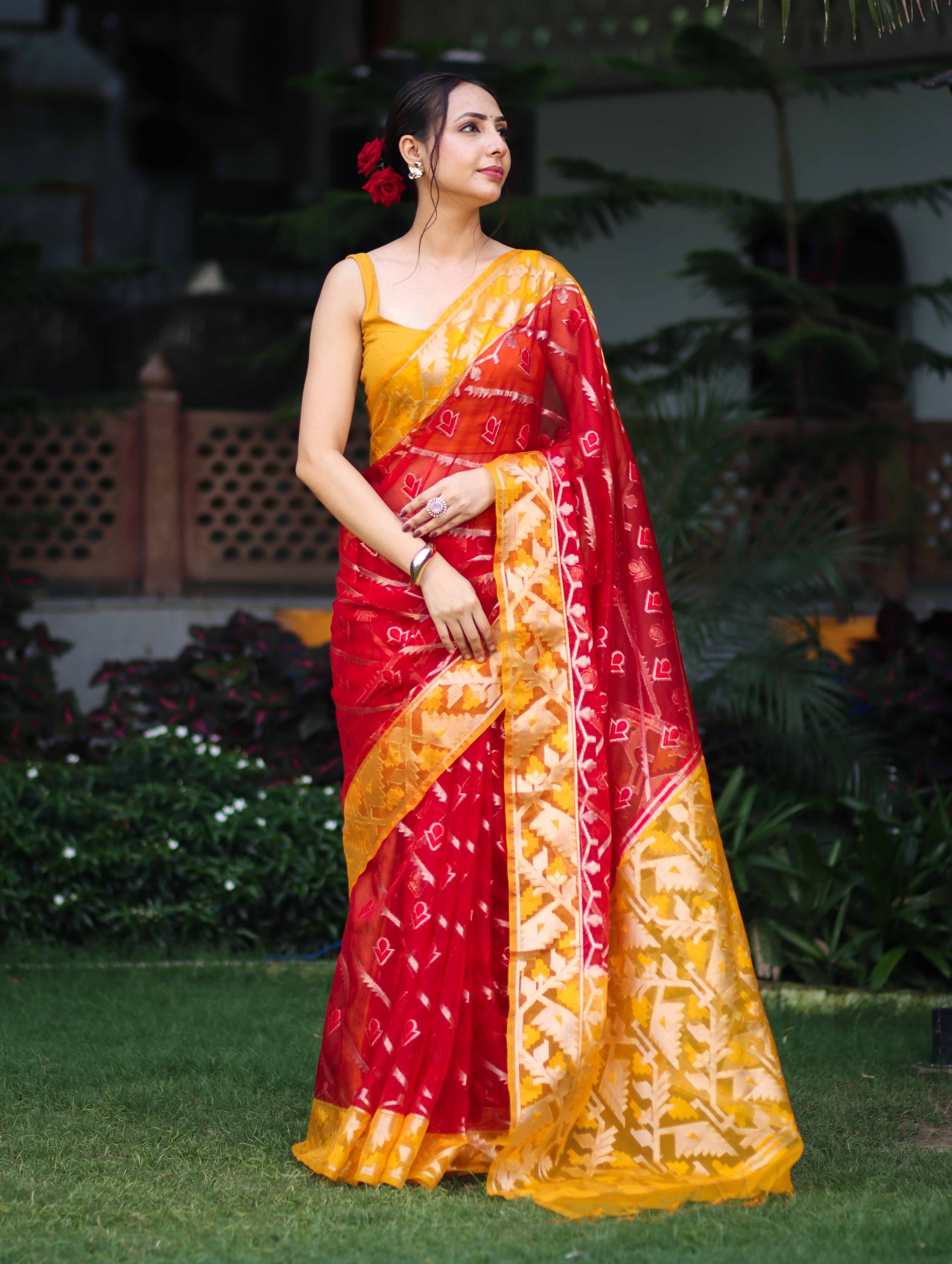 Banarasee Organza Mix Saree With Zari Work & Contrast Border-Red & Yellow