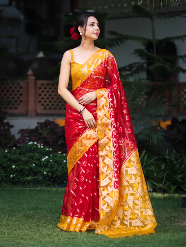 Banarasee Organza Mix Saree With Zari Work & Contrast Border-Red & Yellow