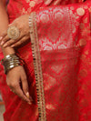 Banarasee Handwoven Semi Silk Saree With Zari Jaal Design & Lace-Red