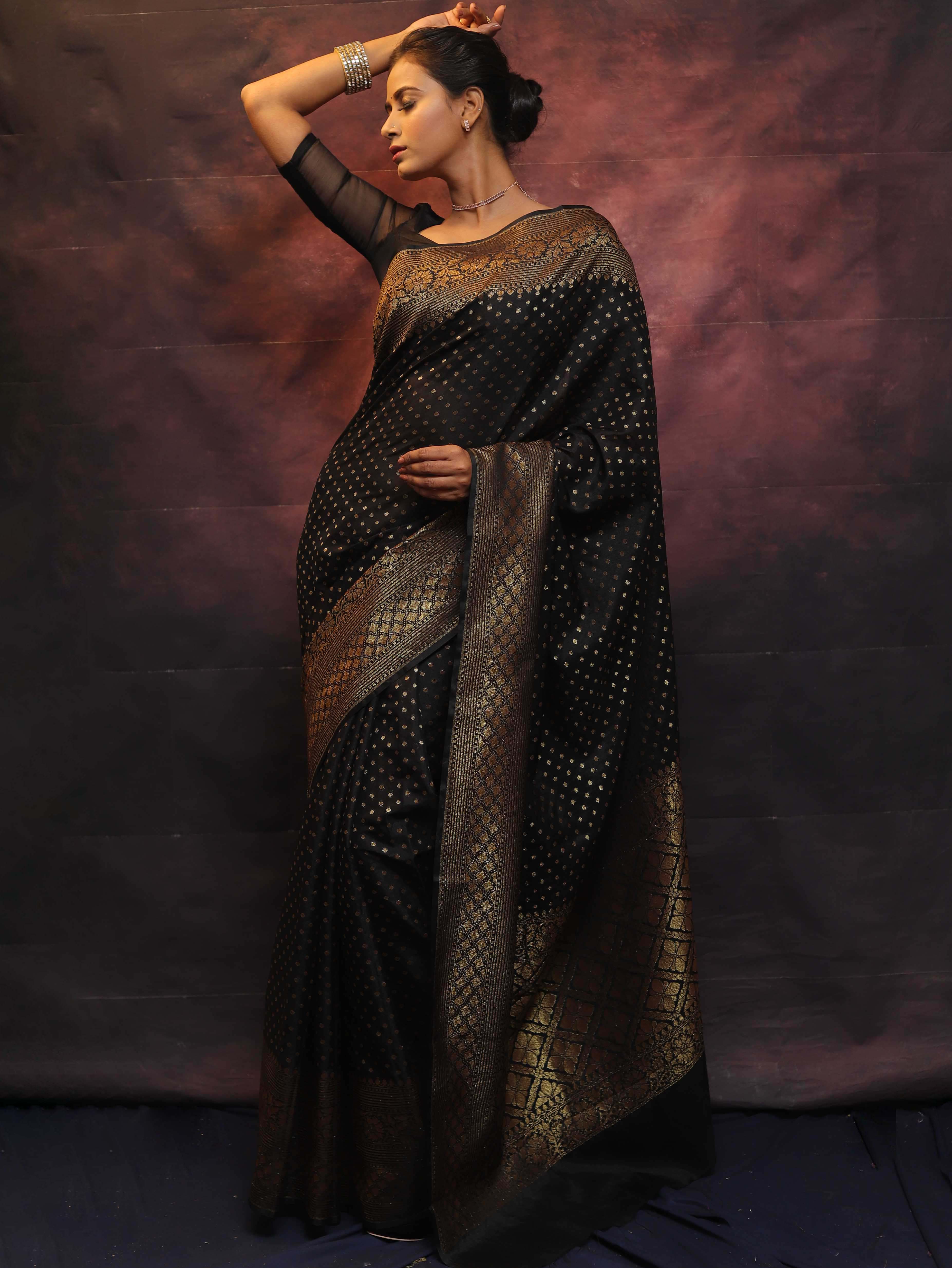 Banarasee Semi-Chiffon Saree With Antique Gold Zari Work-Black