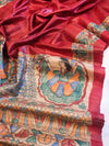 Bhagalpur Handloom Pure Tussar Silk Saree With Hand Block Painted Madhubani Design-Maroon