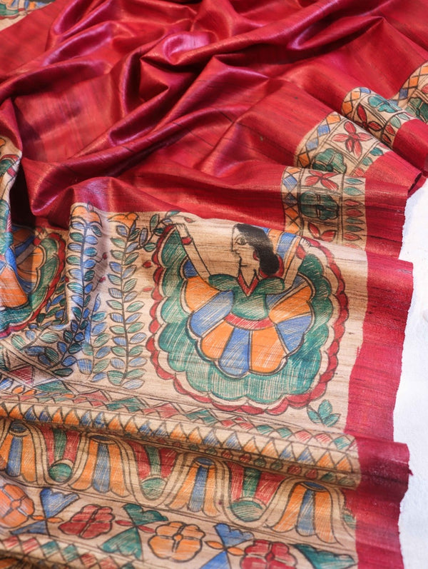 Bhagalpur Handloom Pure Tussar Silk Saree With Hand Block Painted Madhubani Design-Maroon