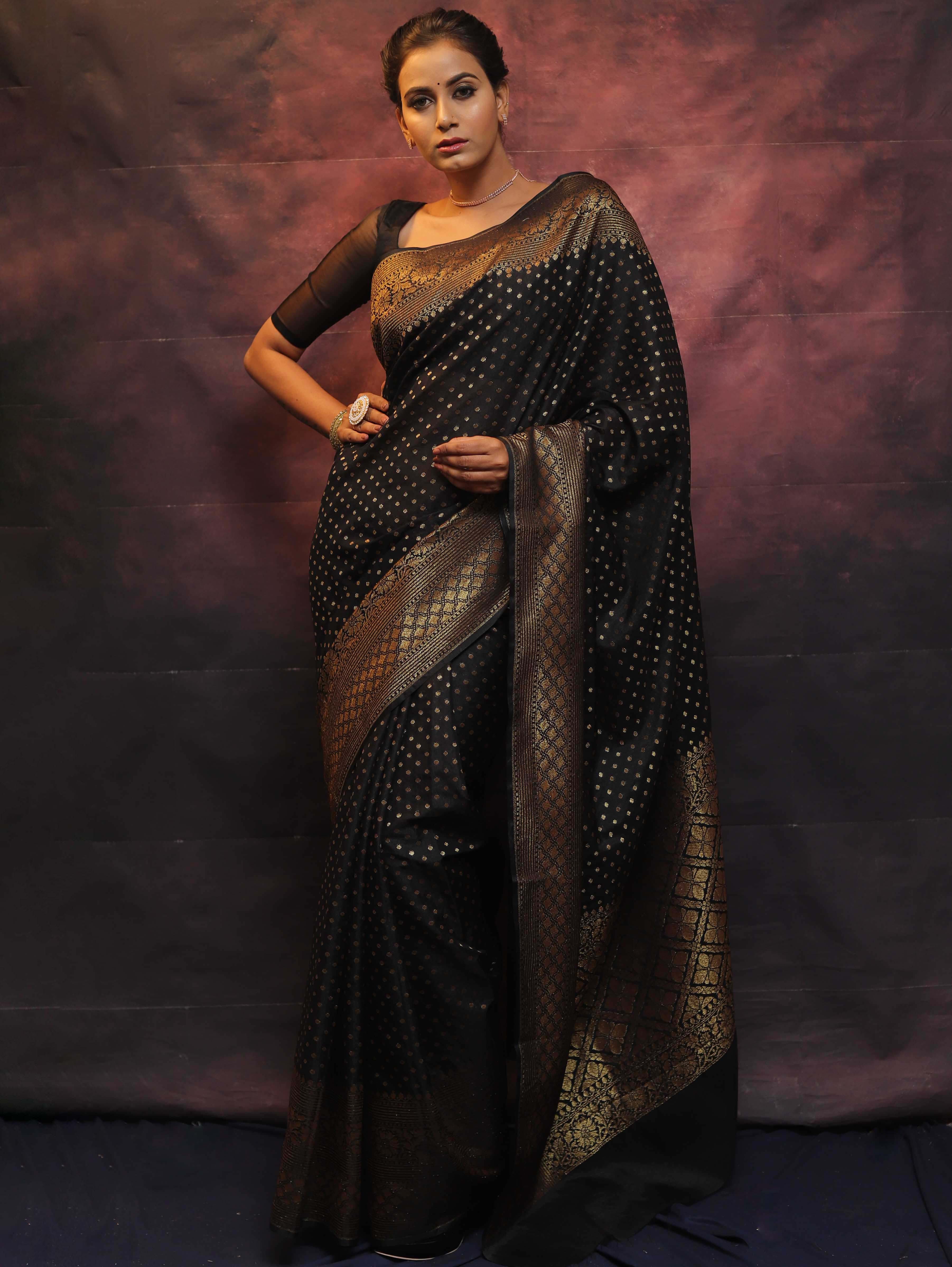 Banarasee Semi-Chiffon Saree With Antique Gold Zari Work-Black