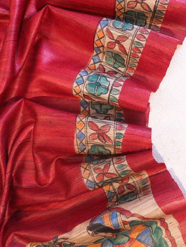 Bhagalpur Handloom Pure Tussar Silk Saree With Hand Block Painted Madhubani Design-Maroon