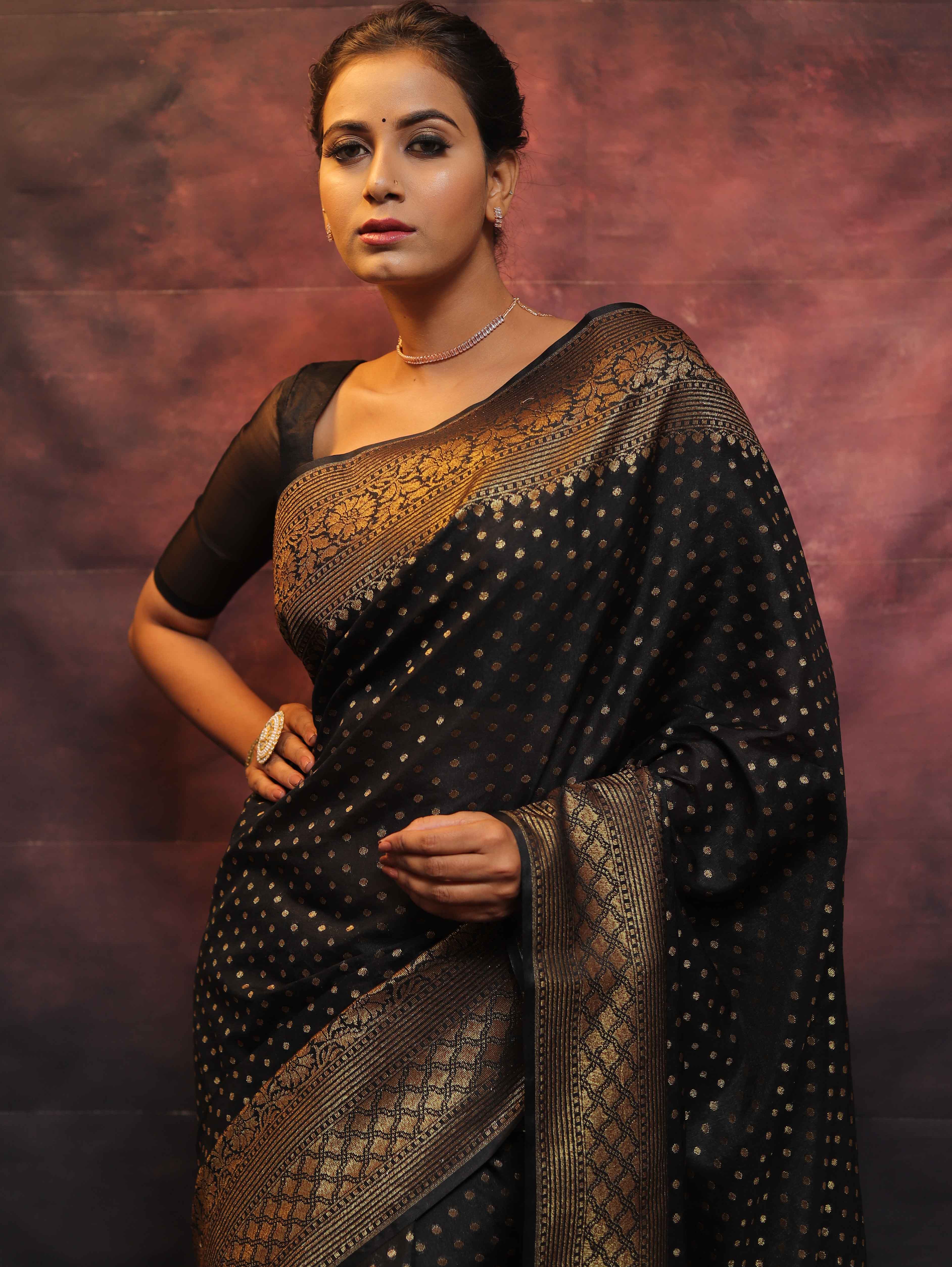 Banarasee Semi-Chiffon Saree With Antique Gold Zari Work-Black