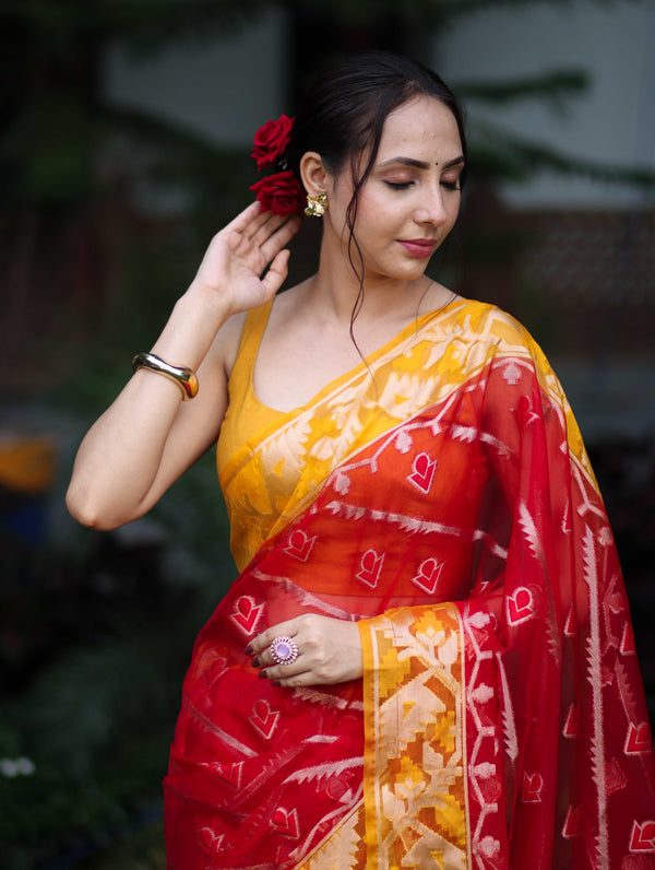 Banarasee Organza Mix Saree With Zari Work & Contrast Border-Red & Yellow