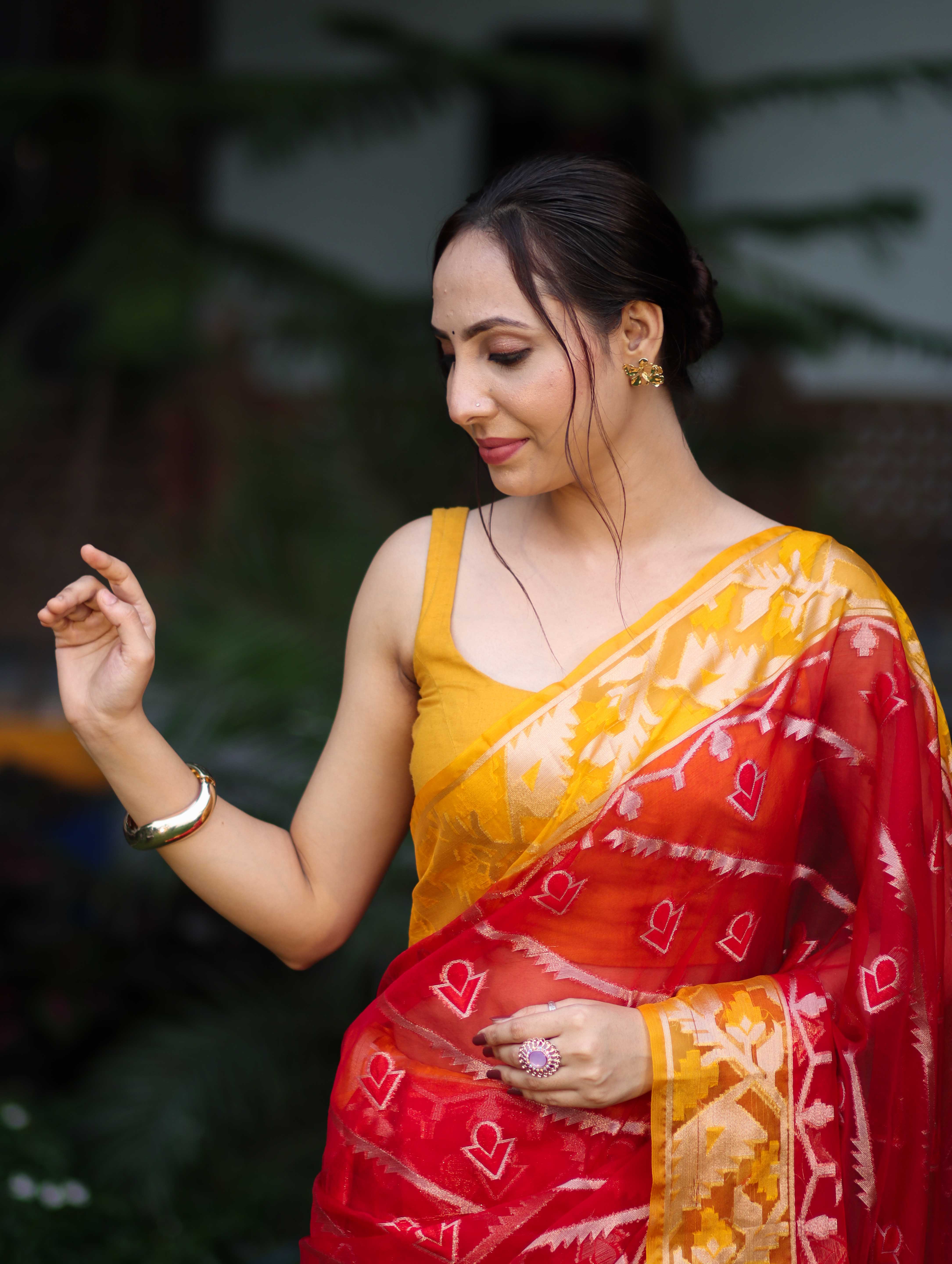 Banarasee Organza Mix Saree With Zari Work & Contrast Border-Red & Yellow