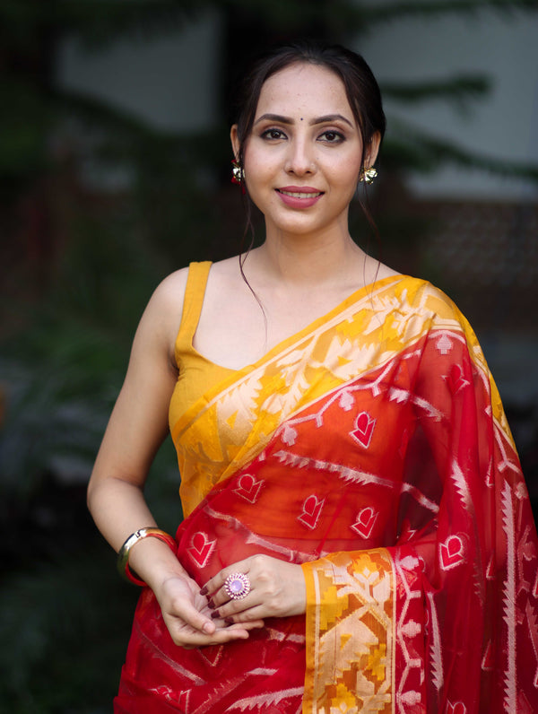 Banarasee Organza Mix Saree With Zari Work & Contrast Border-Red & Yellow