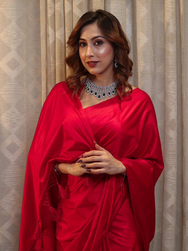 Banarasee Handloom Plain Mashru Silk Saree-Red