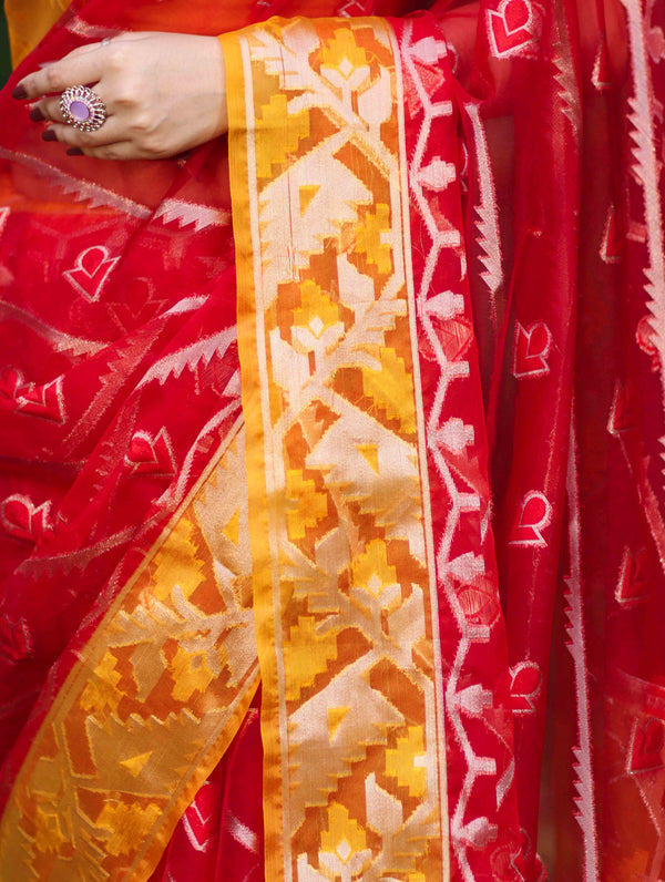 Banarasee Organza Mix Saree With Zari Work & Contrast Border-Red & Yellow
