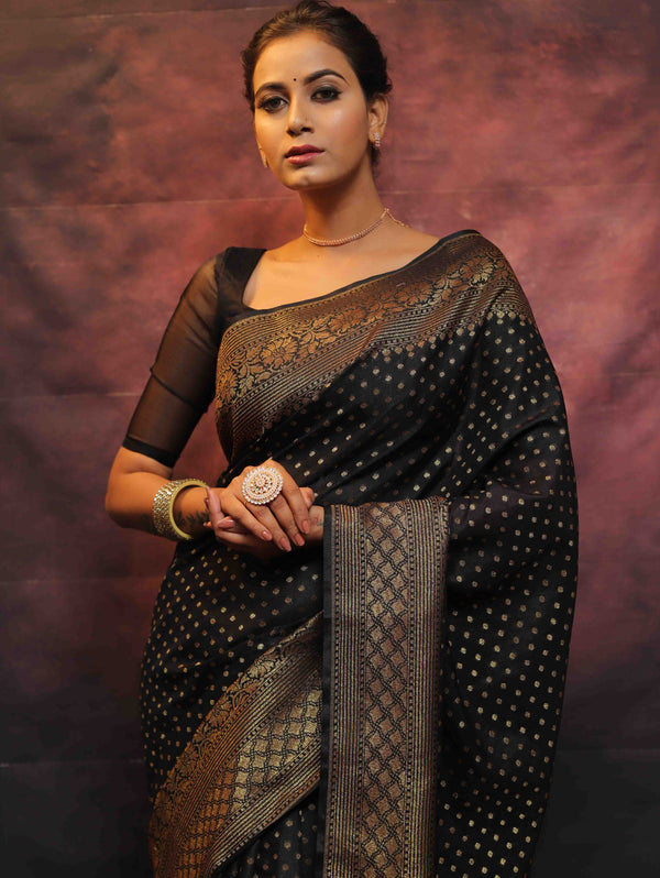 Banarasee Semi-Chiffon Saree With Antique Gold Zari Work-Black