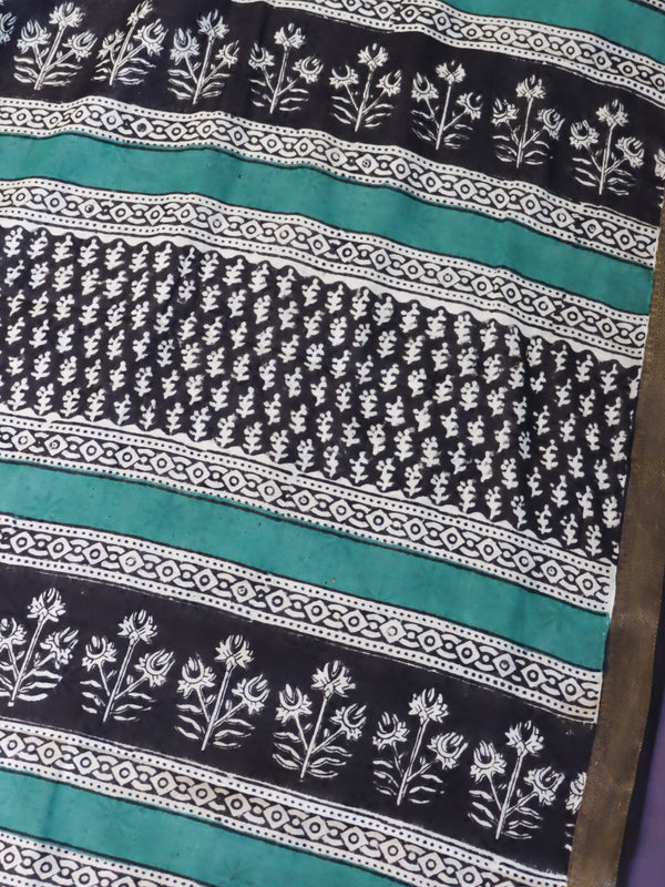Handloom Maheshwari Silk Bagru Block Printed Saree-Black