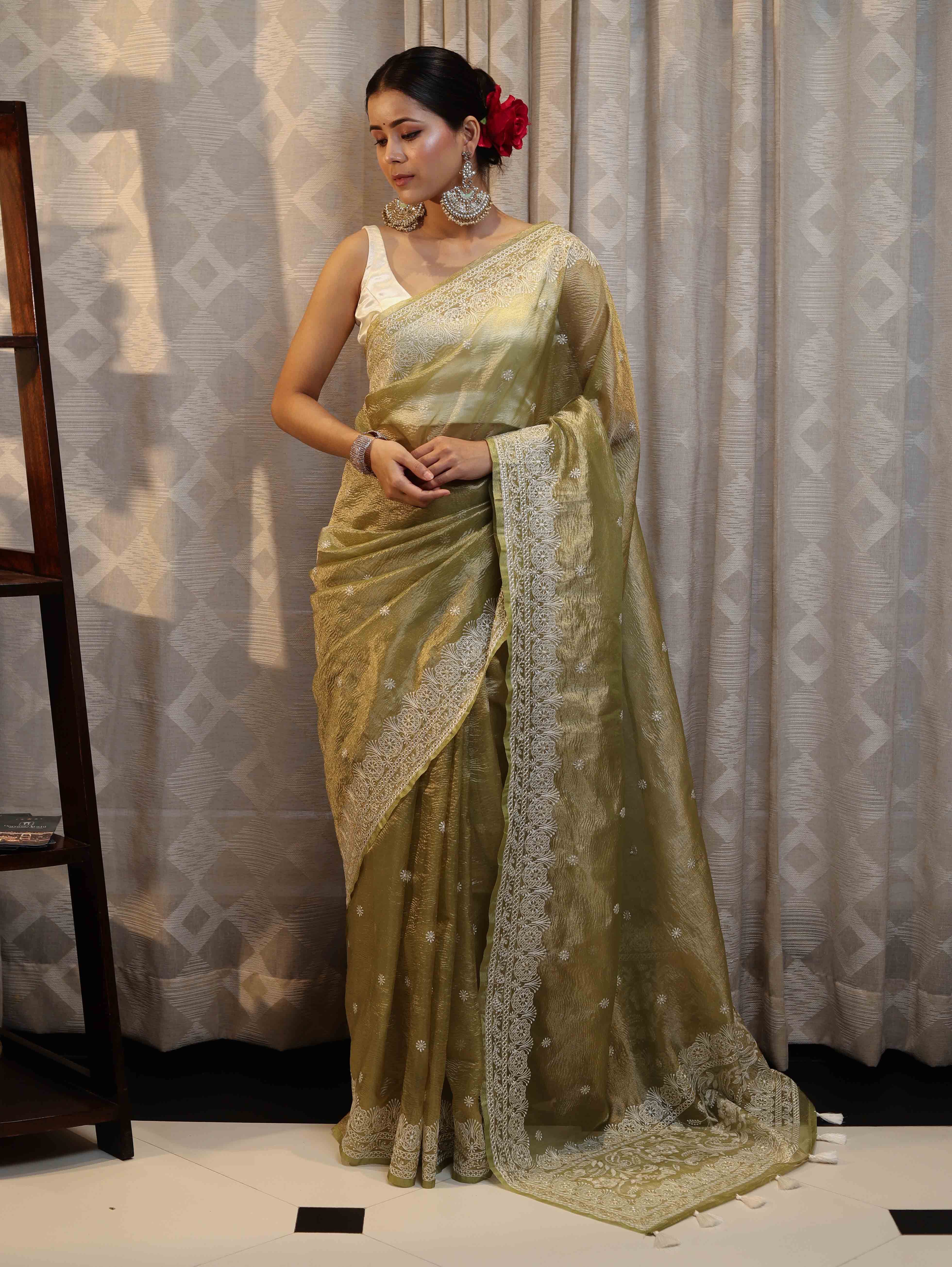 Banarasee Handwoven Crushed Tissue Saree With Hand Embroidered Buti Design & Border-Olive Green