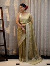 Banarasee Handwoven Crushed Tissue Saree With Hand Embroidered Buti Design & Border-Olive Green