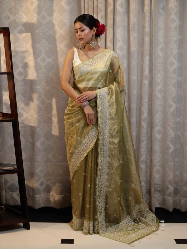 Banarasee Handwoven Crushed Tissue Saree With Hand Embroidered Buti Design & Border-Olive Green