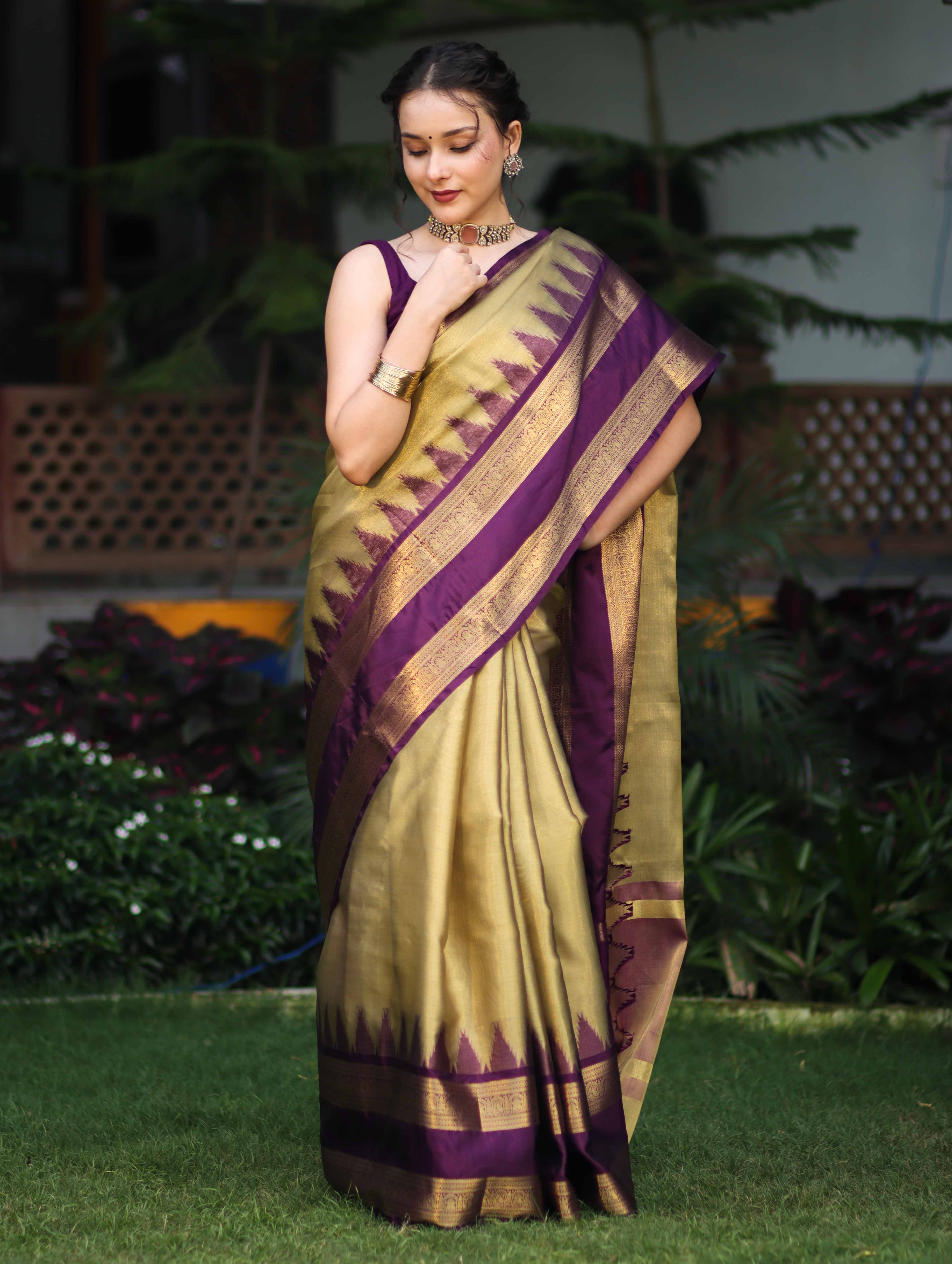Banarasee Handloom Plain Tissue Saree With Broad Contrast Border-Gold & Violet