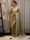 Banarasee Handwoven Crushed Tissue Saree With Hand Embroidered Buti Design & Border-Olive Green