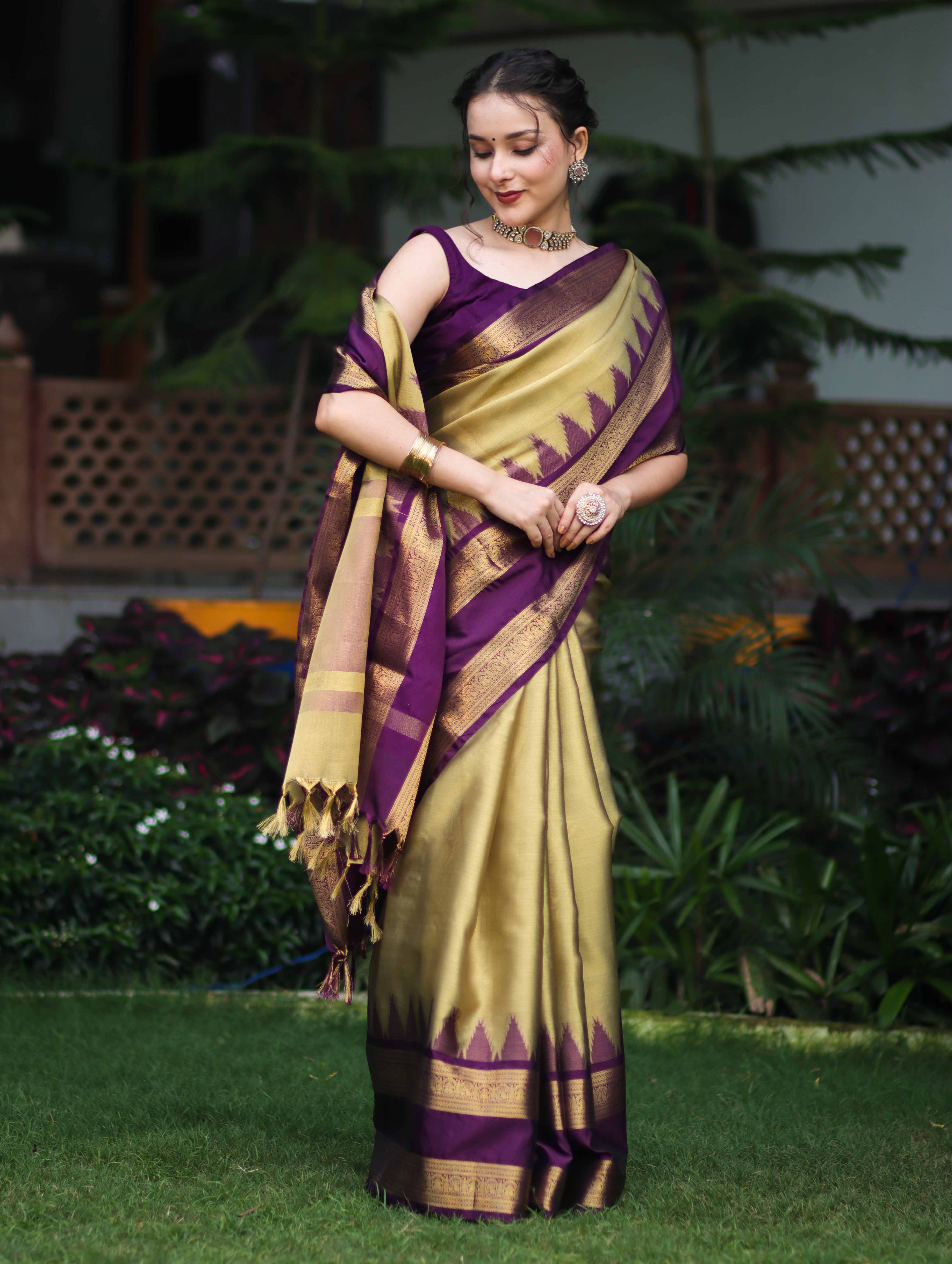 Banarasee Handloom Plain Tissue Saree With Broad Contrast Border-Gold & Violet