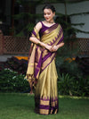 Banarasee Handloom Plain Tissue Saree With Broad Contrast Border-Gold & Violet