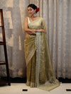 Banarasee Handwoven Crushed Tissue Saree With Hand Embroidered Buti Design & Border-Olive Green