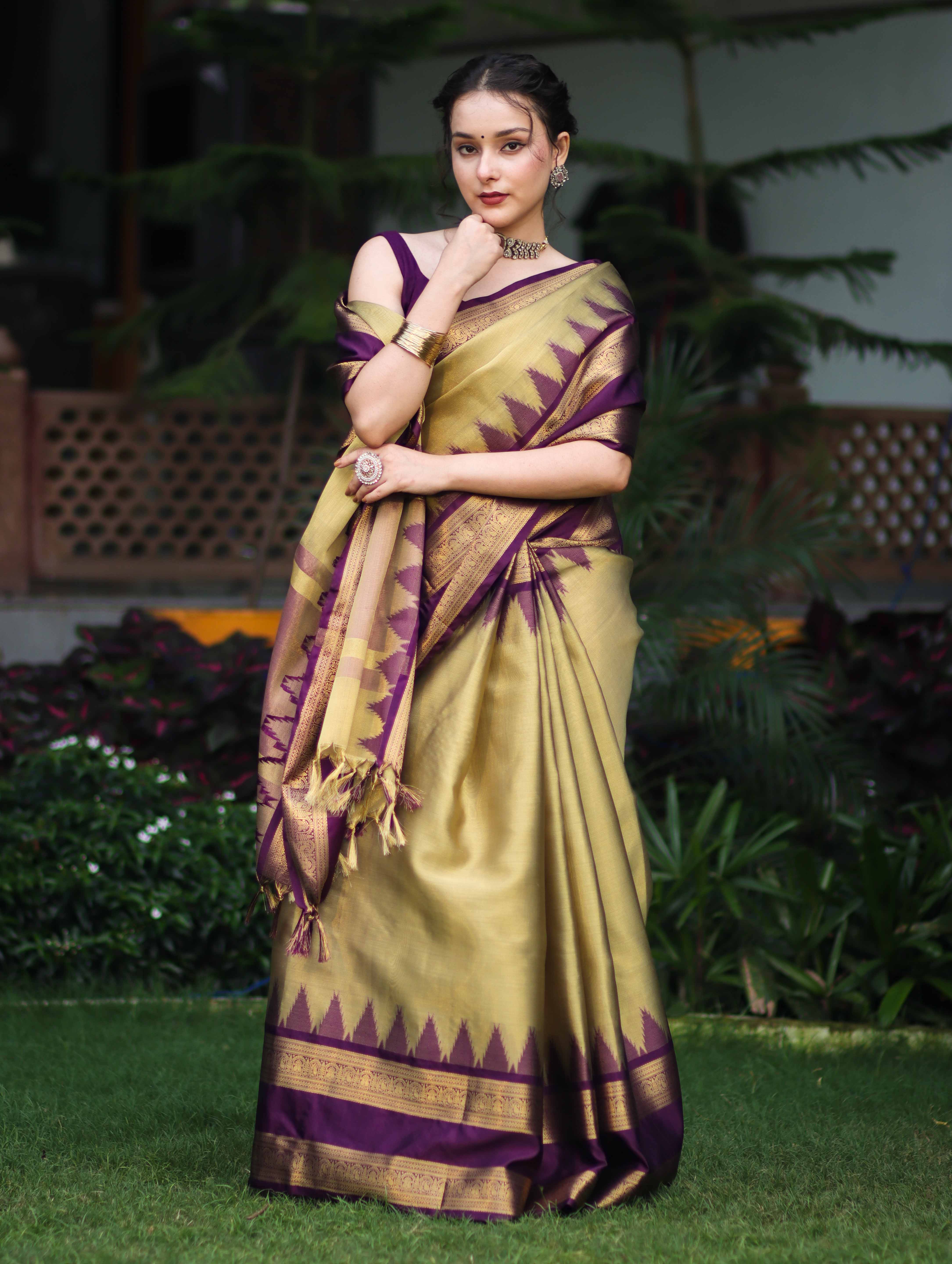 Banarasee Handloom Plain Tissue Saree With Broad Contrast Border-Gold & Violet