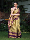 Banarasee Handloom Plain Tissue Saree With Broad Contrast Border-Gold & Violet