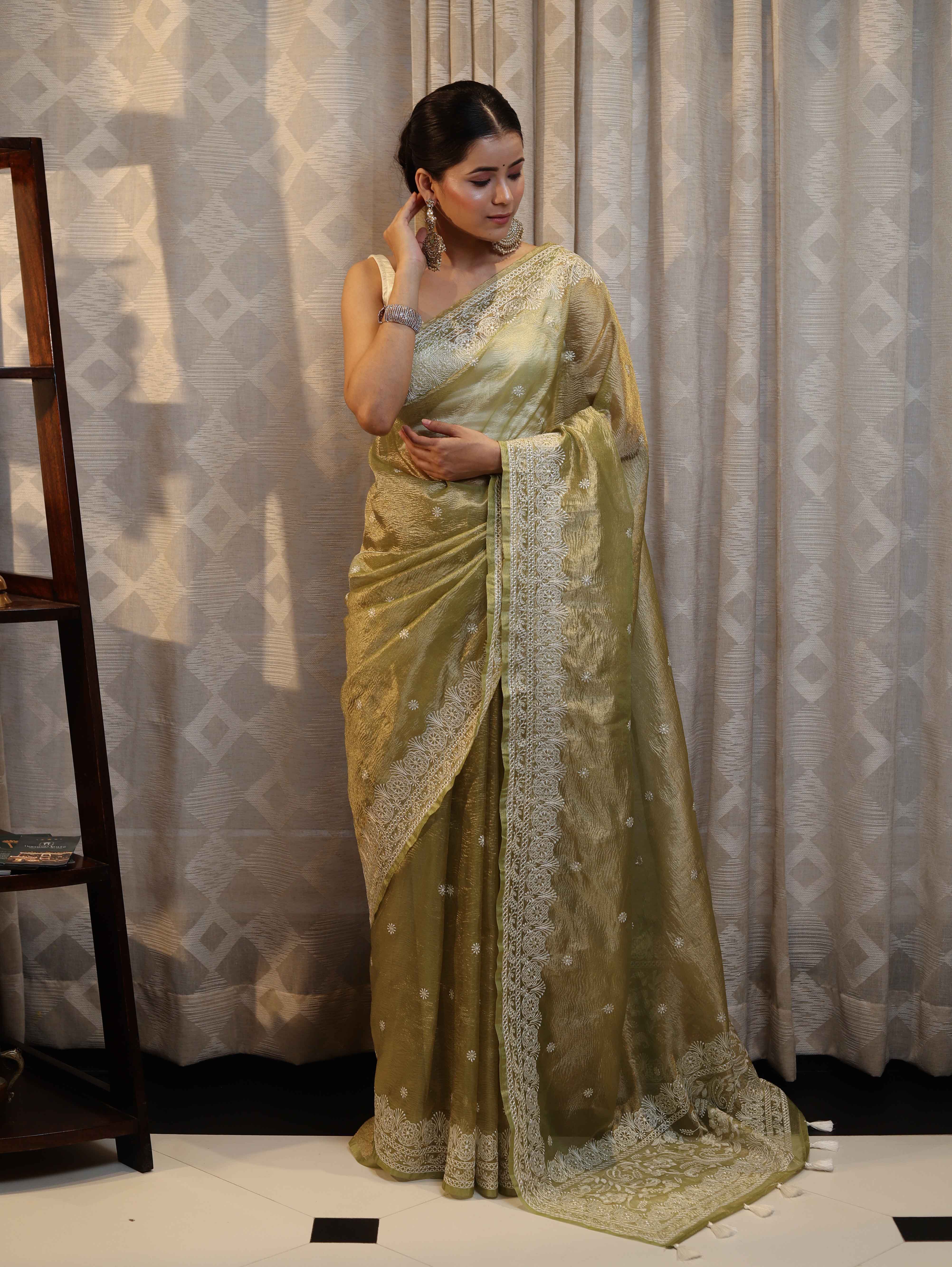 Banarasee Handwoven Crushed Tissue Saree With Hand Embroidered Buti Design & Border-Olive Green