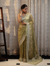 Banarasee Handwoven Crushed Tissue Saree With Hand Embroidered Buti Design & Border-Olive Green