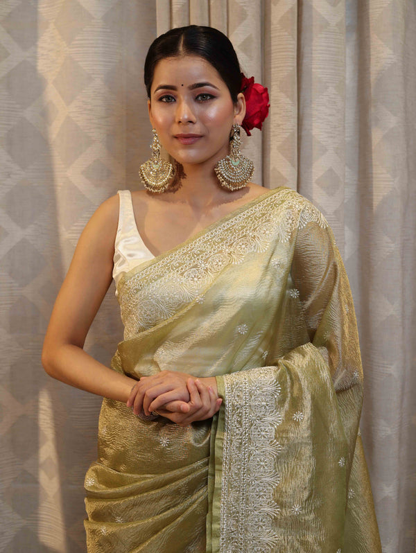 Banarasee Handwoven Crushed Tissue Saree With Hand Embroidered Buti Design & Border-Olive Green