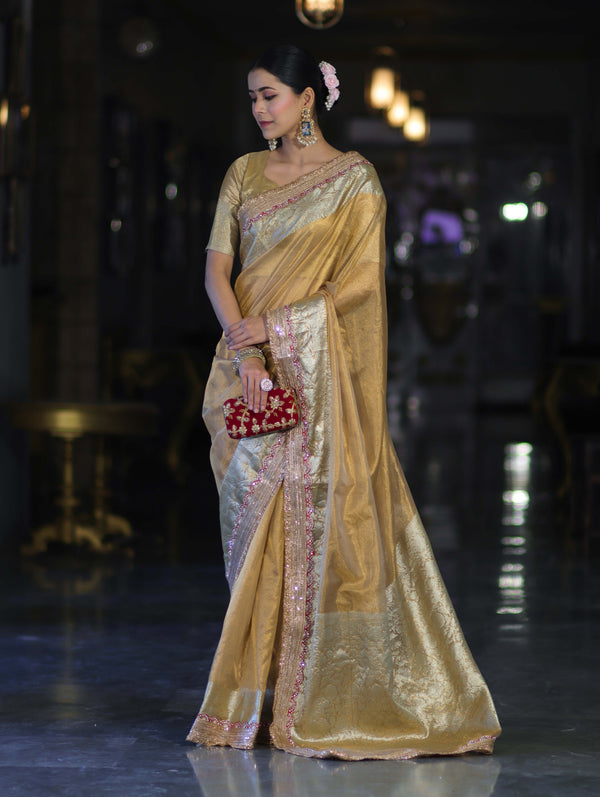 Banarasee Handloom Plain Tissue Saree With Zari Lace Border-Gold