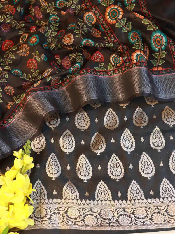 Banarasee Chanderi Cotton Kameez Zari Buti Fabric With Digital Print Dupatta-Black