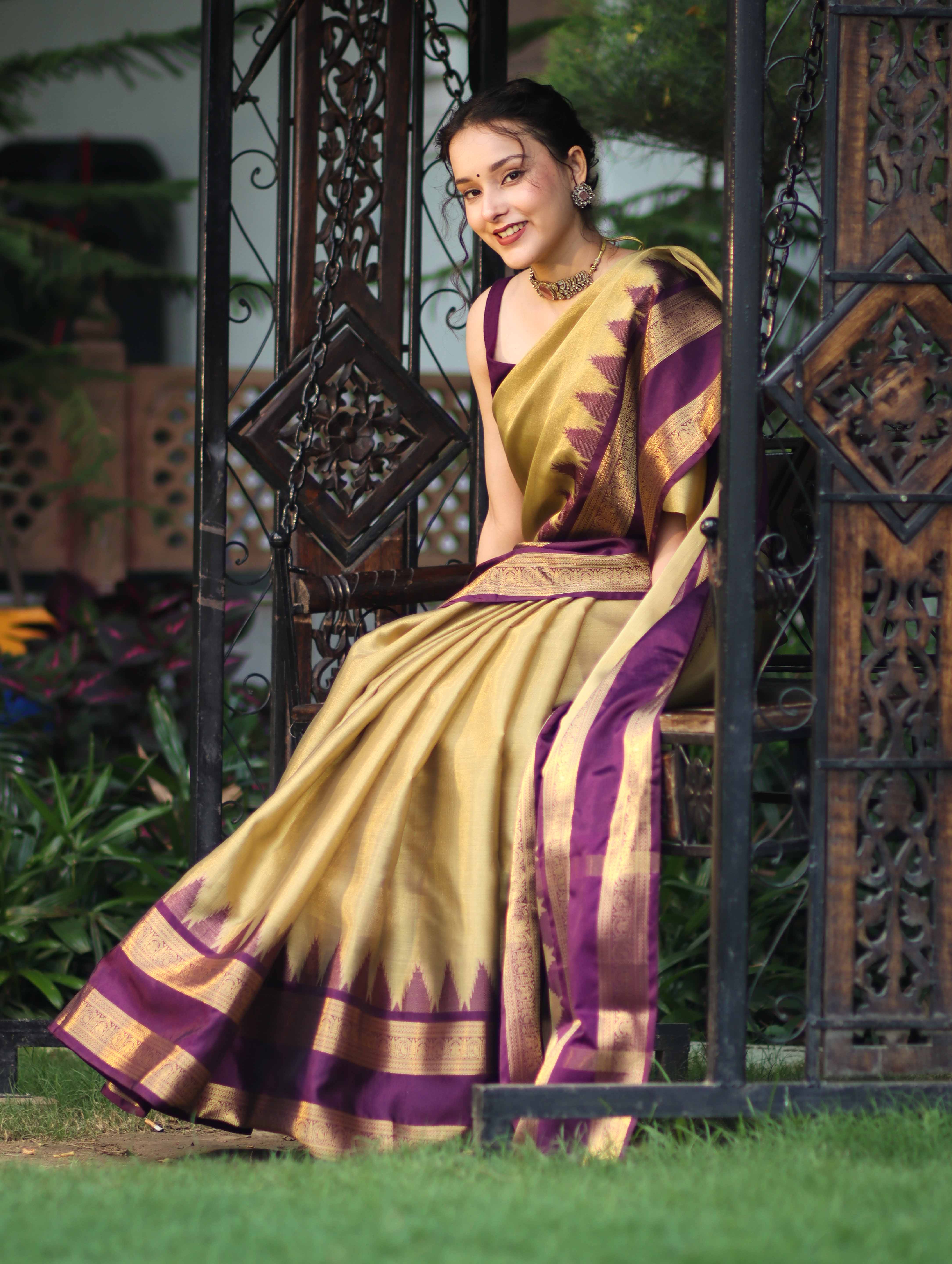 Banarasee Handloom Plain Tissue Saree With Broad Contrast Border-Gold & Violet