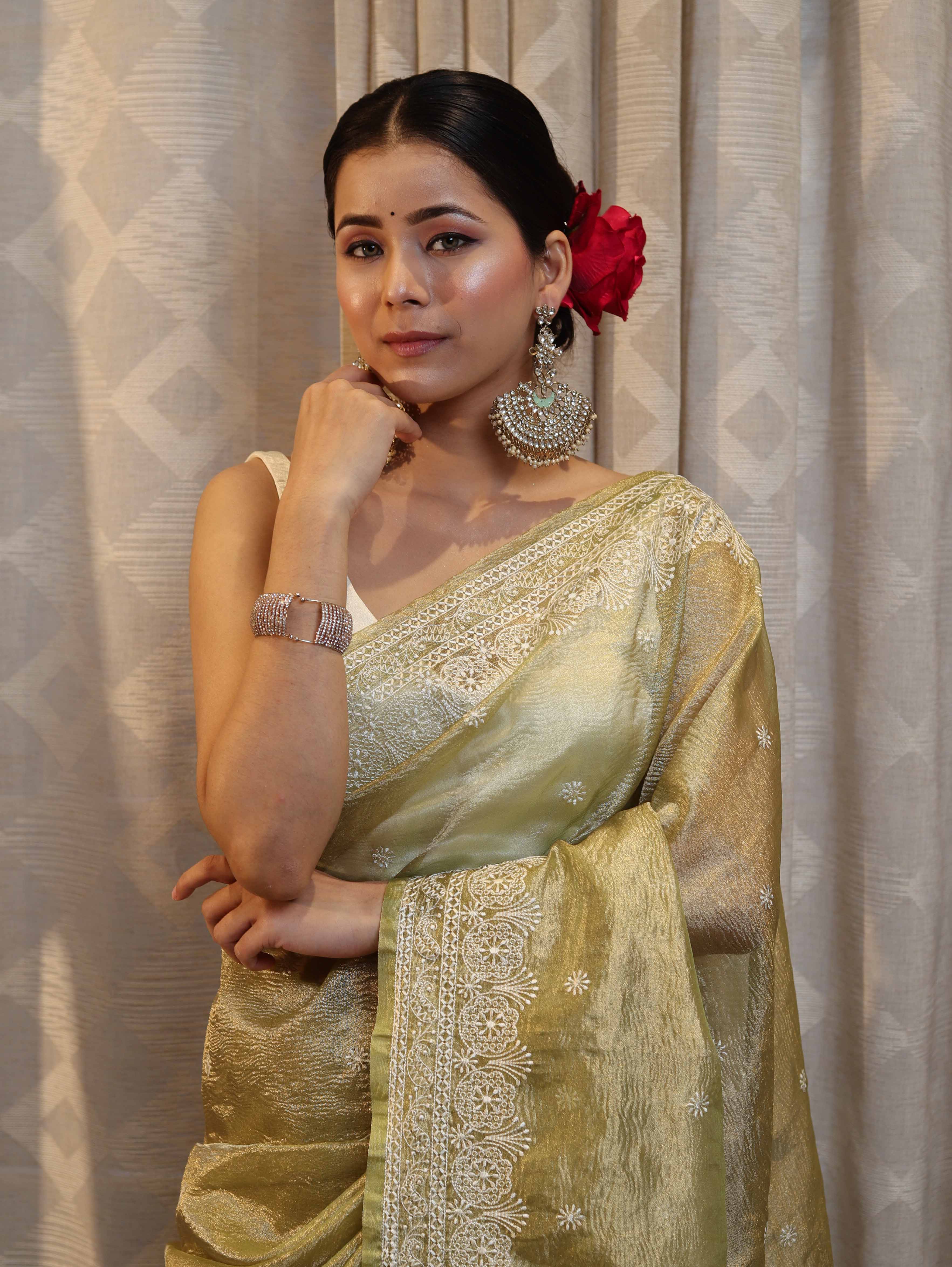 Banarasee Handwoven Crushed Tissue Saree With Hand Embroidered Buti Design & Border-Olive Green