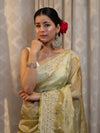 Banarasee Handwoven Crushed Tissue Saree With Hand Embroidered Buti Design & Border-Olive Green