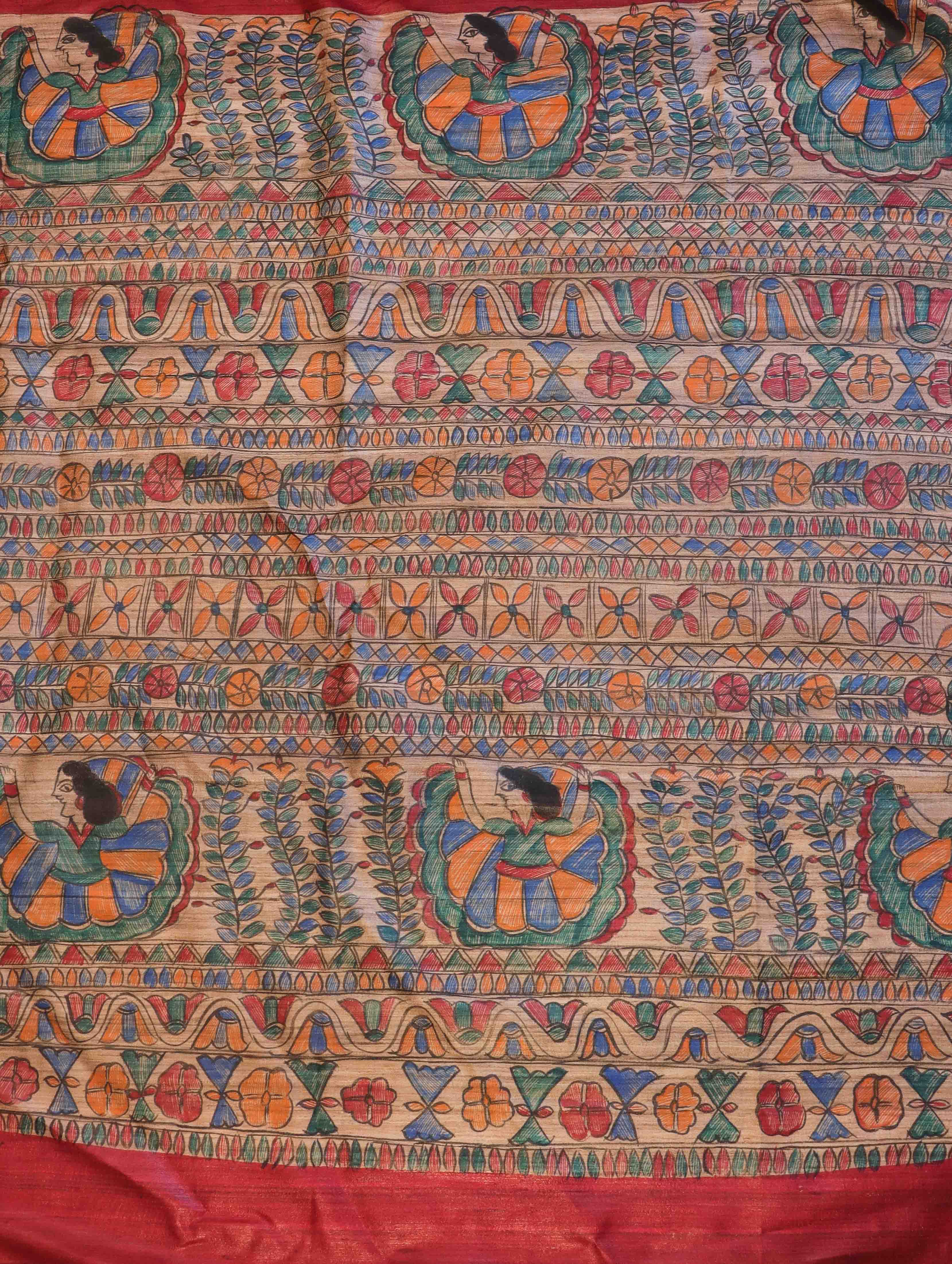 Bhagalpur Handloom Pure Tussar Silk Saree With Hand Block Painted Madhubani Design-Maroon