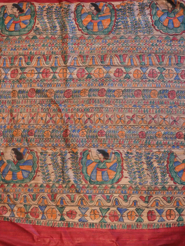 Bhagalpur Handloom Pure Tussar Silk Saree With Hand Block Painted Madhubani Design-Maroon